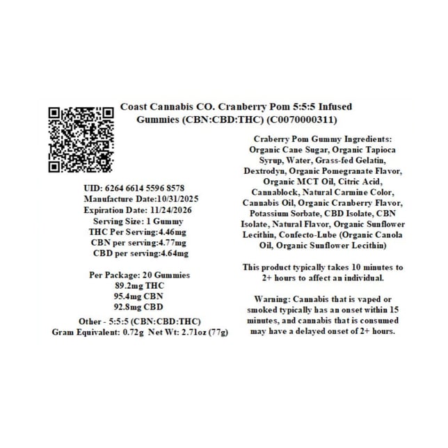 Coast Cannabis Co. - Cranberry Pom (I) Gummies (4.46mg THC 4.77mg CBN 4.64mg CBD 20pk) C0070000311 - Image 2