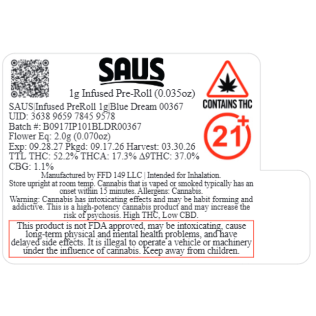 SAUS - Blue Dream (H) Infused Pre-Roll 1pk (1g) C0140000367 - Image 2