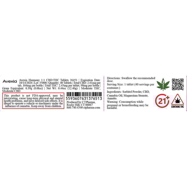 Avexia - Harmony Tablets (2.45mg THC 2.61mg CBD 40pk) C0020026451 - Image 3