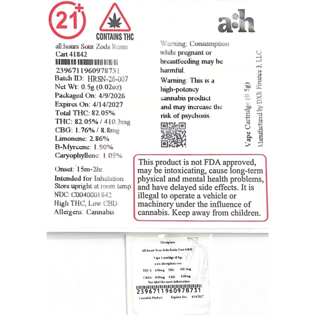 all:hours  Sour Zoda (S) Live Rosin Vape Cartridge  C0040001842 - Image 3
