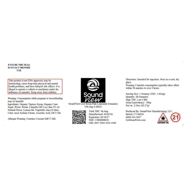 SoundView - Pink Lemonade (S) Live Resin Gummies (4.82mg 20pk) C0080000221 - Image 2 SoundView - Pink Lemonade (S) Live Resin Gummies (4.82mg 20pk) C0080000221 - Image 2