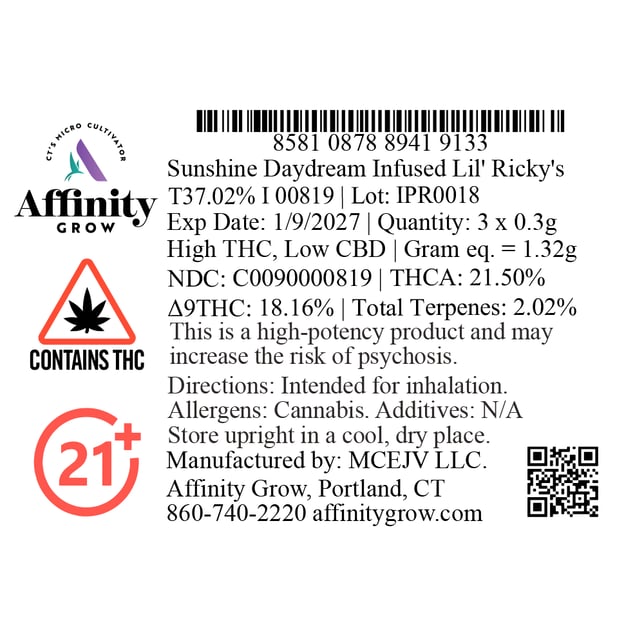 Affinity Grow - Sunshine Daydream (I) Infused Lil' Ricky 0.3g Pre-Rolls 3pk (0.9g) C0090000819 - Image 2