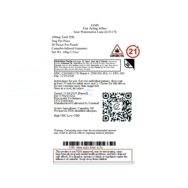 JAMS - Sour Watermelon Lime (I) Fast Acting Jellies (5mg 20pk) C0030001176 - Image 2