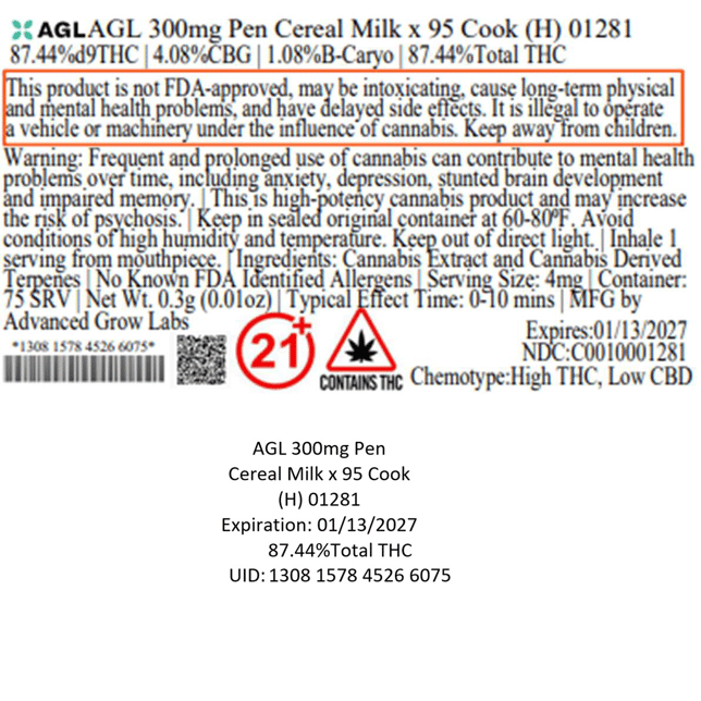AGL - Cereal Milk x 95 Cook (H) Disposable Vape (0.3g) C0010001281 - Image 3