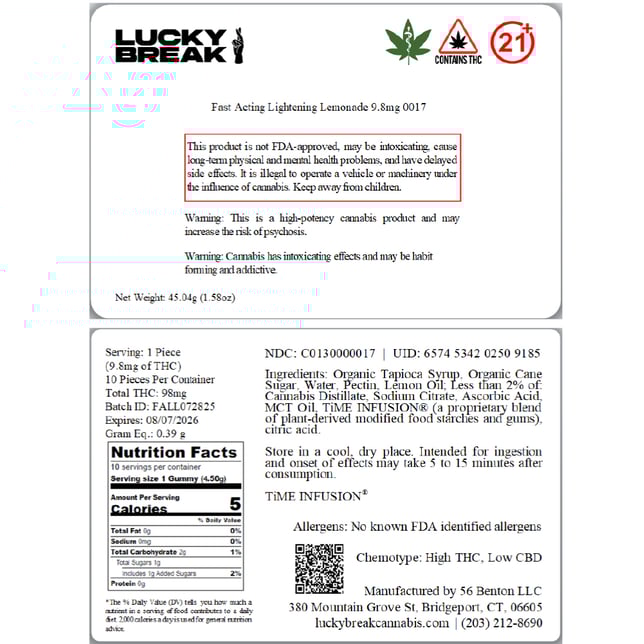 Lucky Break - Lightening Lemonade (H) Fast Acting Gummies (9.8mg 10pk) C0130000017 - Image 2