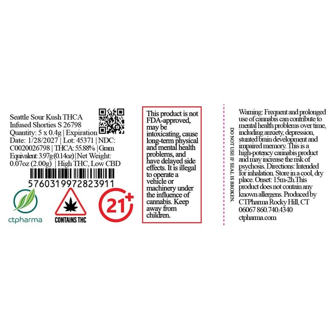 CTPharma - Seattle Sour Kush (S) THCA Infused Shorties 5pk (2g) C0020026798 - Image 2