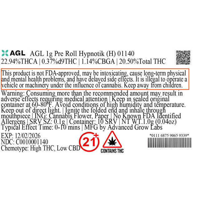 AGL - Hypnotik (H) 1g Pre-Roll 1pk (1g) C0010001140 *NP - Image 3