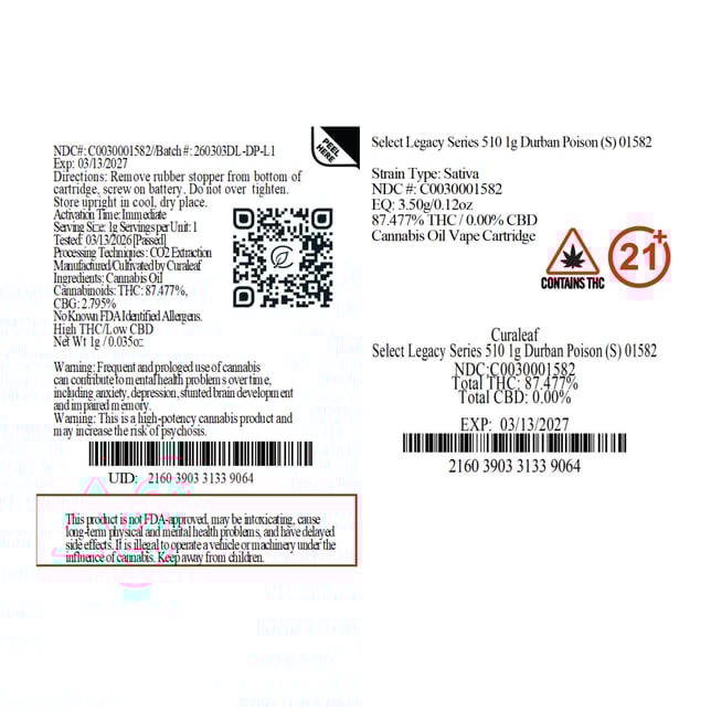 Select  Durban Poison (S) Legacy Series Vape Cartridge  C0030001582 - Image 3