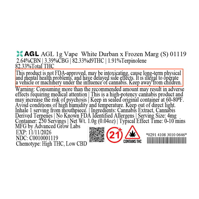 AGL  White Durban x Frozen Marg (S) Vape Cartridge  C0010001119 - Image 3