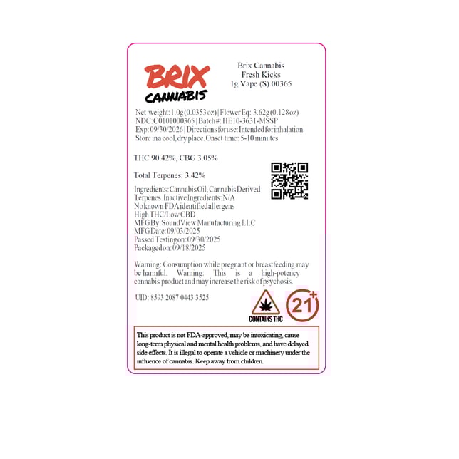 BRIX Cannabis  Fresh Kicks (S) Vape Cartridge  C0101000365 - Image 2