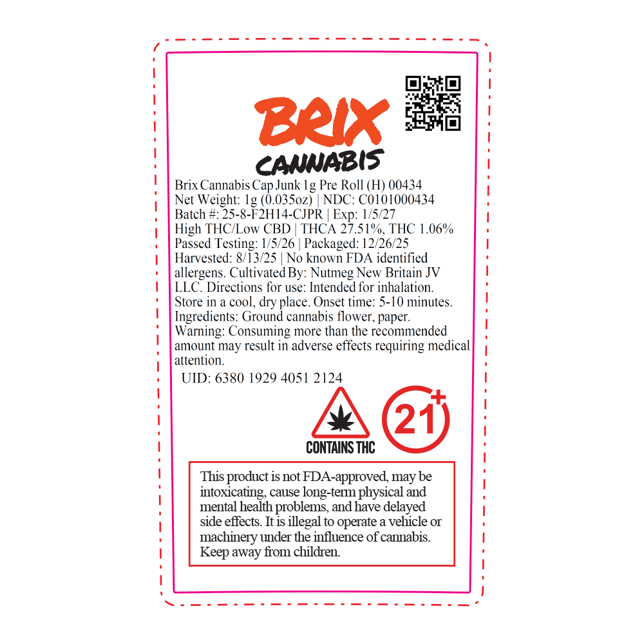 BRIX Cannabis - Cap Junk (H) 1g Pre-Roll 1pk (1g) C0101000434 - Image 2