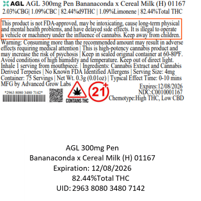 AGL - Bananaconda x Cereal Milk (H) Disposable Vape (0.3g) C0010001167 - Image 3
