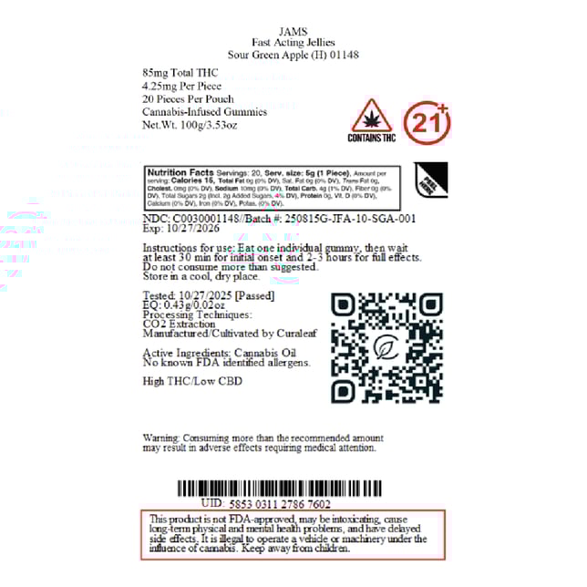 JAMS - Sour Green Apple (H) Fast Acting Jellies (4.25mg 20pk) C0030001148 - Image 2