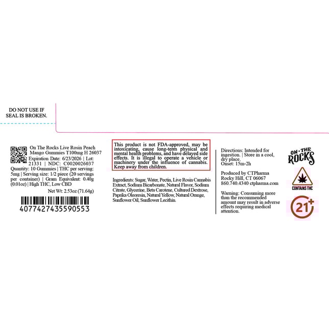 On The Rocks - Peach Mango (H) Live Rosin Gummies (4.9mg 20pk) C0020025838 *NP - Image 2 On The Rocks - Peach Mango (H) Live Rosin Gummies (4.9mg 20pk) C0020025838 *NP - Image 2
