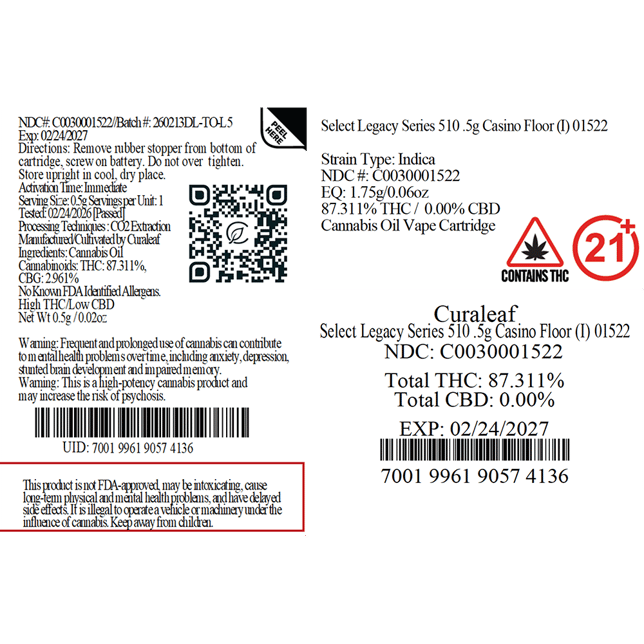 Select Casino Floor (I) Legacy Series Vape Cartridge C0030001522 - Image 3 Select Casino Floor (I) Legacy Series Vape Cartridge C0030001522 - Image 3