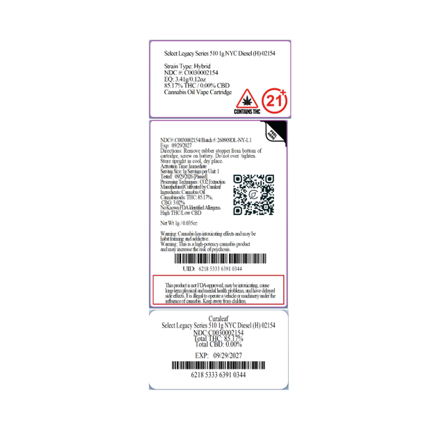 Select NYC Diesel (H) Legacy Series Vape Cartridge C0030002154 - Image 3