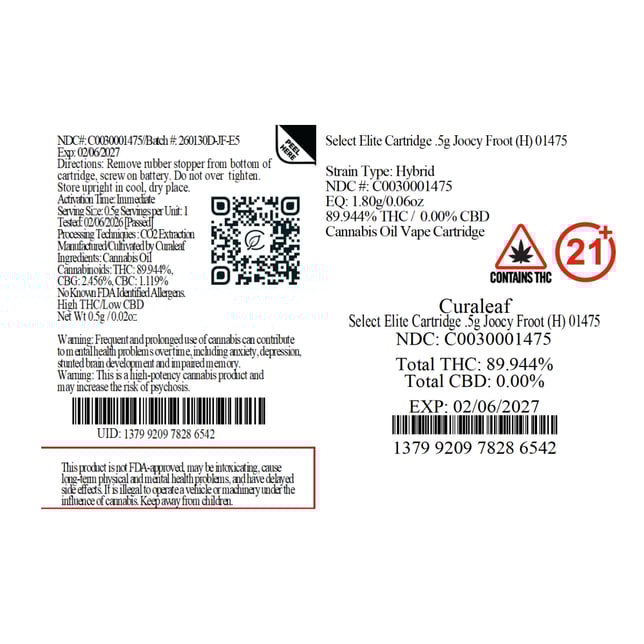 Select  Joocy Froot (H) Elite Vape Cartridge  C0030001475 - Image 2