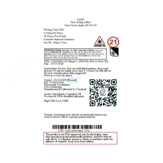 JAMS - Sour Green Apple (H) Fast Acting Jellies (4.54mg 20pk) C0030001118 - Image 2