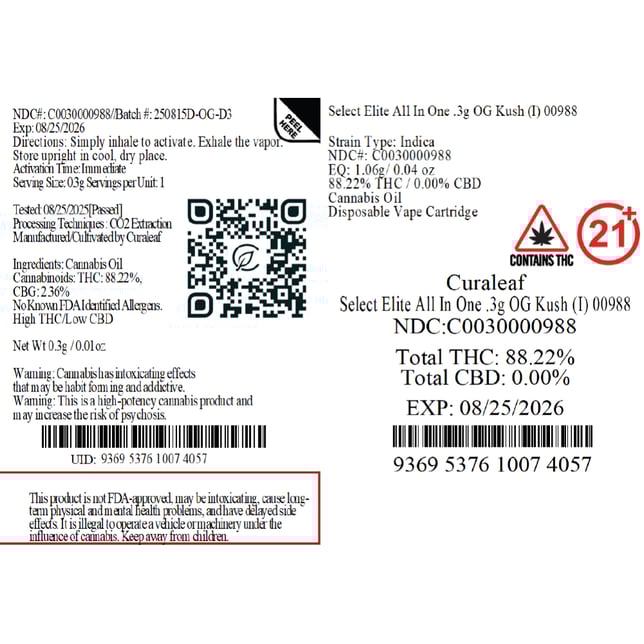 Select - OG Kush (I) Elite All In One (0.3g) C0030000988 - Image 2 Select - OG Kush (I) Elite All In One (0.3g) C0030000988 - Image 2