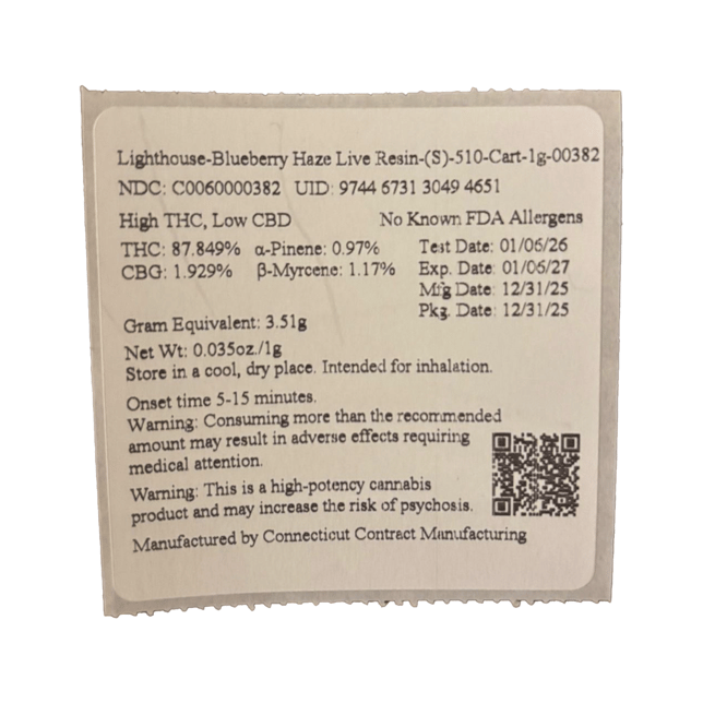 Lighthouse - Blueberry Haze (S) Live Resin Vape Cartridge (1g) C0060000382 - Image 3