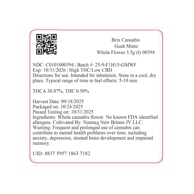 BRIX Cannabis - Gush Mintz (I) Flower  C0101000394 - Image 3