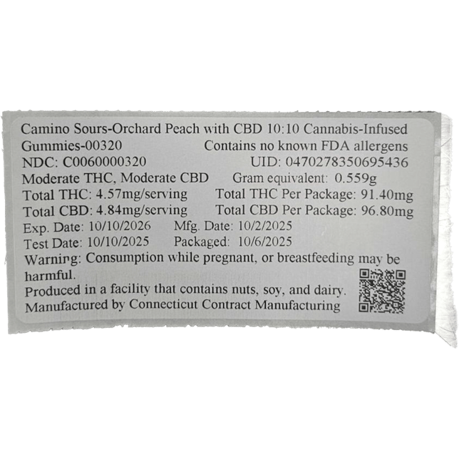 Camino Sours - Orchard Peach (H) Gummies (9.14mg THC 9.68mg CBD 10pk) C0060000320 - Image 2 Camino Sours - Orchard Peach (H) Gummies (9.14mg THC 9.68mg CBD 10pk) C0060000320 - Image 2