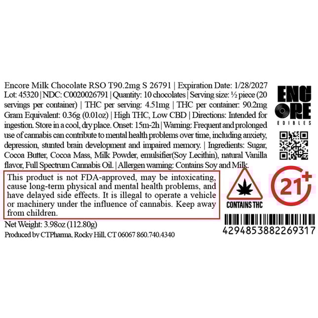 Encore - Milk (S) RSO Chocolate (9.02mg 10pk) C0020026791 - Image 2