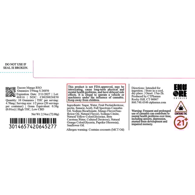 Encore - Mango (S) RSO Gummies (9.4mg 10pk) C0020026850 - Image 2 Encore - Mango (S) RSO Gummies (9.4mg 10pk) C0020026850 - Image 2