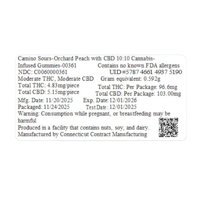 Camino - Sour Orchard Peach (H) Gummies (9.66mg THC 10.3mg CBD 10pk) C0060000361 *NP - Image 2