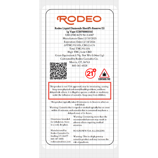 Rodeo Cannabis Sheriff's Reserve (S) Liquid Diamonds Vape Cartridge C0070000356 - Image 2 Rodeo Cannabis Sheriff's Reserve (S) Liquid Diamonds Vape Cartridge C0070000356 - Image 2