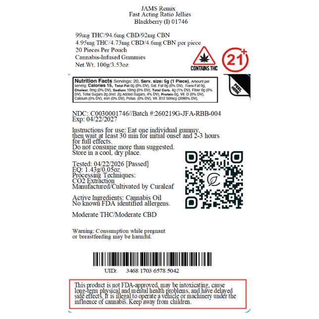 JAMS - Blackberry (I) Remix Fast Acting Ratio Jellies (4.95mg THC 4.73mg CBD 4.6mg CBN 20pk) C0030001746 - Image 2