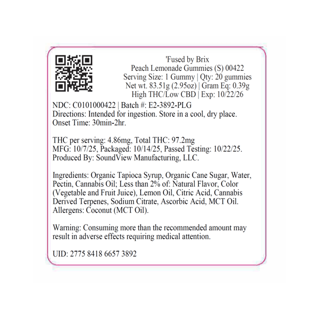 BRIX Cannabis - Peach Lemonade (S) Gummies (4.86mg 20pk) C0101000422 - Image 3