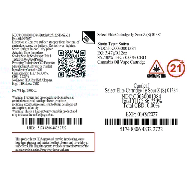 Select  Sour Z (S) Elite Vape Cartridge  C0030001384 - Image 3