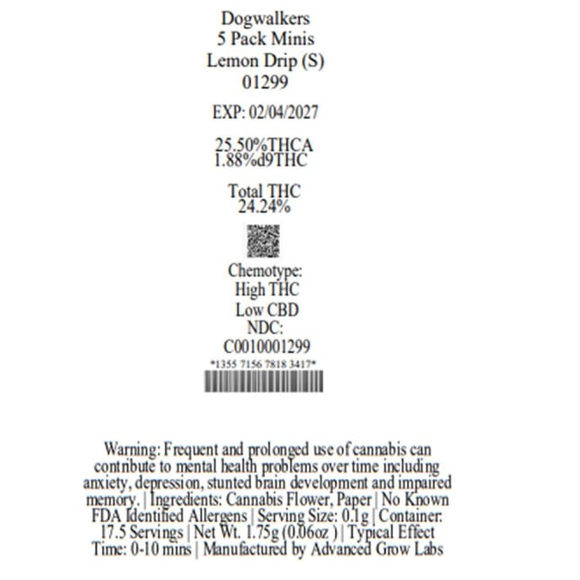 Dogwalkers - Lemon Drip (S) 0.35g Pre-Rolls 5pk (1.75g) C0010001299 - Image 3