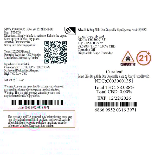 Select - Joocy Froot (H) BRIQ Disposable Vape (2g) C0030001351 - Image 2