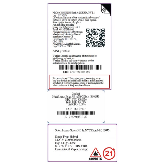 Select  NYC Diesel (H) Legacy Series Vape Cartridge  C0030002036 - Image 3