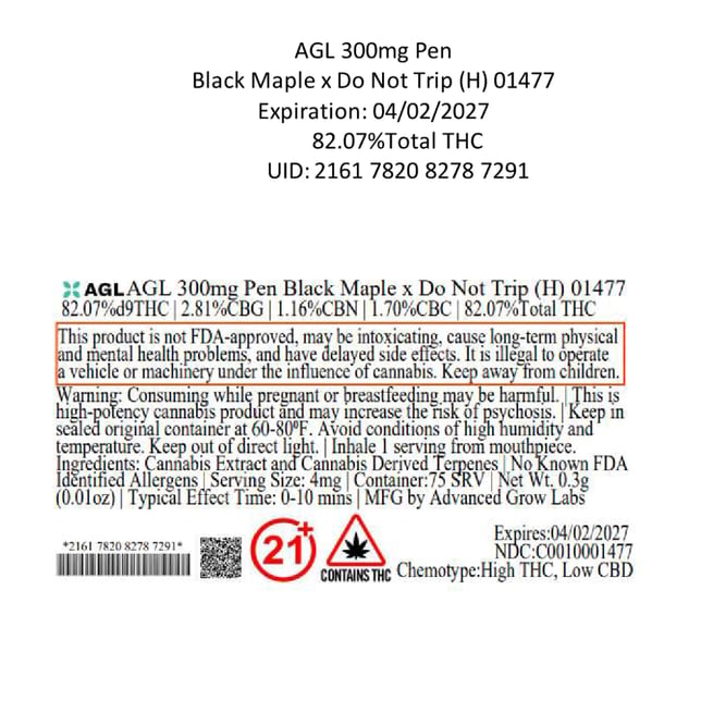 AGL - Black Maple x Do Not Trip (H) Disposable Vape (0.3g) C0010001477 - Image 3