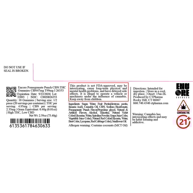 Encore - Pomegranate Punch (I) Gummies (9.9mg THC 4.7mg CBN 10pk) C0020026353 - Image 2 Encore - Pomegranate Punch (I) Gummies (9.9mg THC 4.7mg CBN 10pk) C0020026353 - Image 2