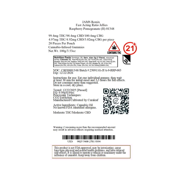 JAMS - Raspberry Pomegranate (H) Remix Fast Acting Ratio Jellies (4.97mg THC 4.92mg CBD 5.02mg CBG 20pk) C0030001348 - Image 2