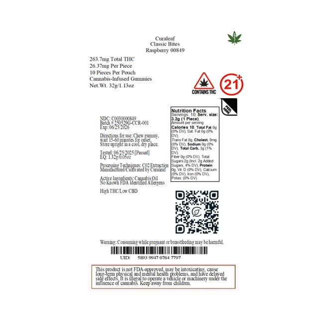 Curaleaf - Raspberry (H) Classic Bites (26.37mg 10pk) C0030000849 - Image 2