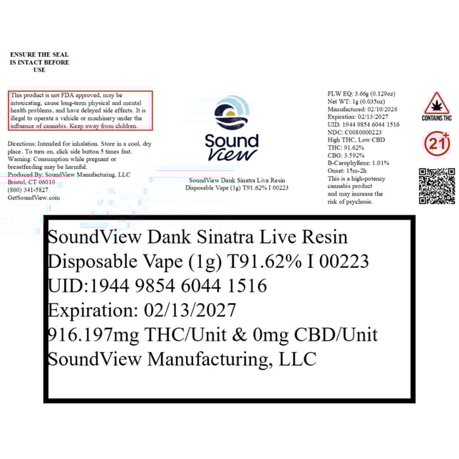 SoundView - Dank Sinatra (I) Live Resin Disposable Vape (1g) C0080000223 - Image 2