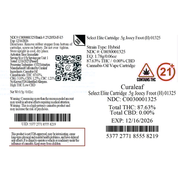 Select  Joocy Froot (H) Elite Vape Cartridge  C0030001325 - Image 2