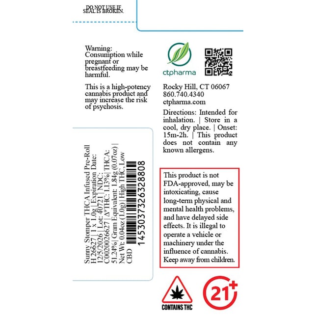 CTPharma - Sunny Stomper (H) THCA Infused Pre-Roll 1pk (1g) C0020026293 *NP - Image 2
