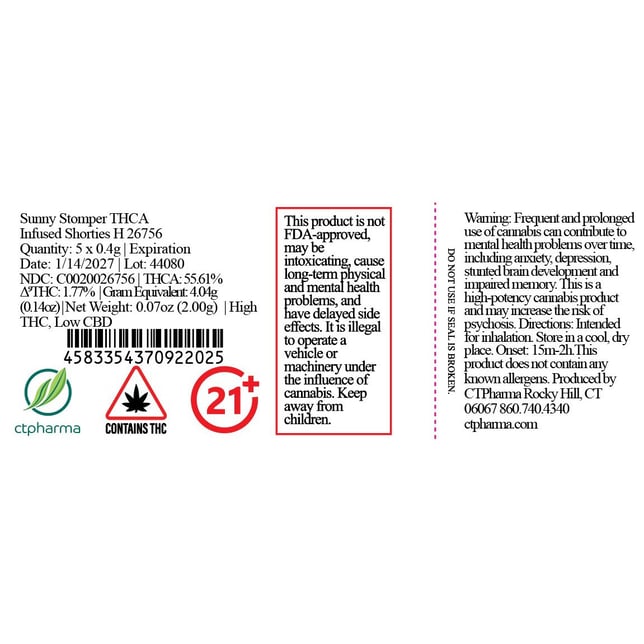 CTPharma - Sunny Stomper (H) THCA Infused Shorties 5pk (2g) C0020026756 - Image 2