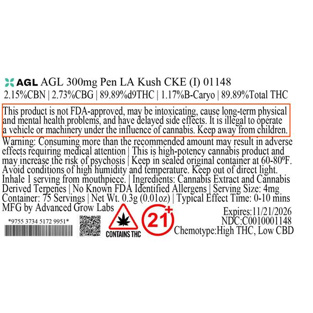AGL - LA Kush CKE (I) Disposable Vape (0.3g) C0010001148 - Image 3