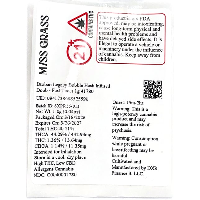 Miss Grass - Durban Legacy (S) BH Infused Pre-Roll 1pk (1g) C0040001780 - Image 2