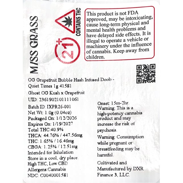 Miss Grass - OG Grapefruit (I) BH Infused Pre-Roll 1pk (1g) C0040001581 - Image 2