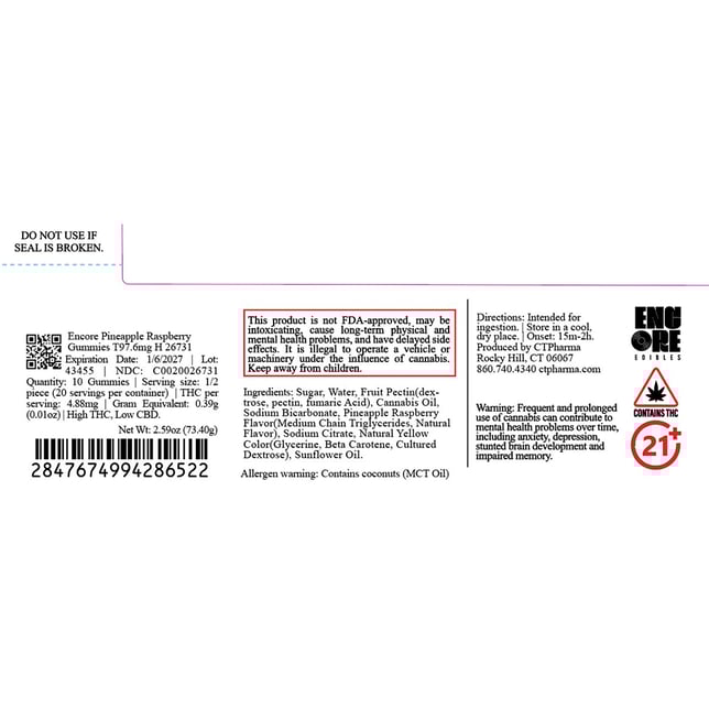 Encore - Pineapple Raspberry (H) Gummies (9.76mg 10pk) C0020026731 - Image 2