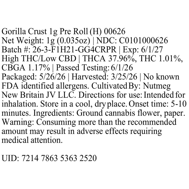 BRIX Cannabis - Gorilla Crust (H) 1g Pre-Roll 1pk (1g) C0101000626 - Image 2 BRIX Cannabis - Gorilla Crust (H) 1g Pre-Roll 1pk (1g) C0101000626 - Image 2