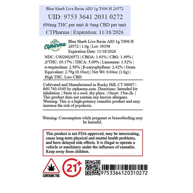 CTPharma - Blue Sherb (H) Live Resin Disposable Vape (1g) C0020026572 - Image 2